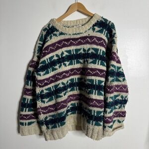 Vintage 100% Wool Sweater‎ Made in Ecuador Purple Green Patterned XL